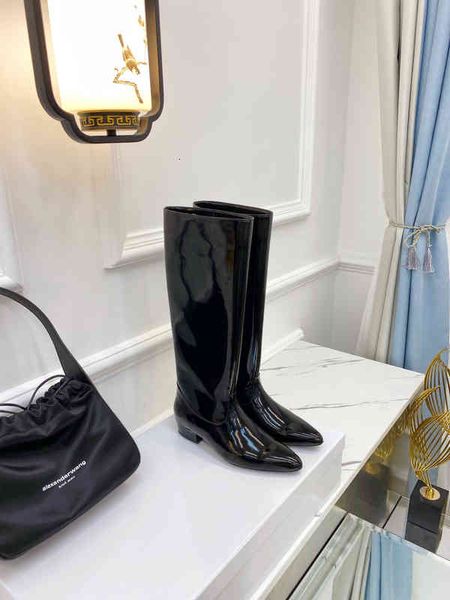 

boots by pointed thick heel patent leather boots, versatile zipper fashion women's knee high boots, Black