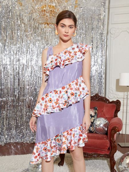 

x angela ruffle and knot detail floral print dress p95b#, Black;gray
