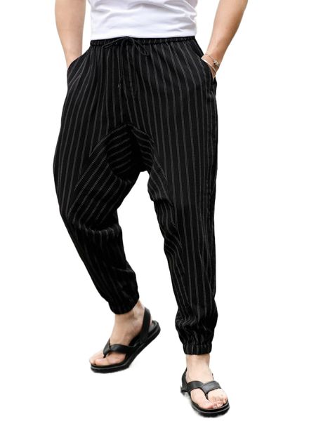 

men pinstriped print slant pockets drawstring waist pants l7ia#, Black