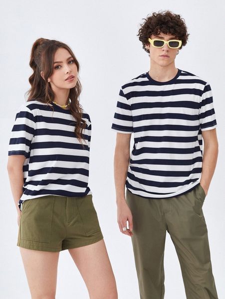 

1pc striped print tee w8pd#, White;black