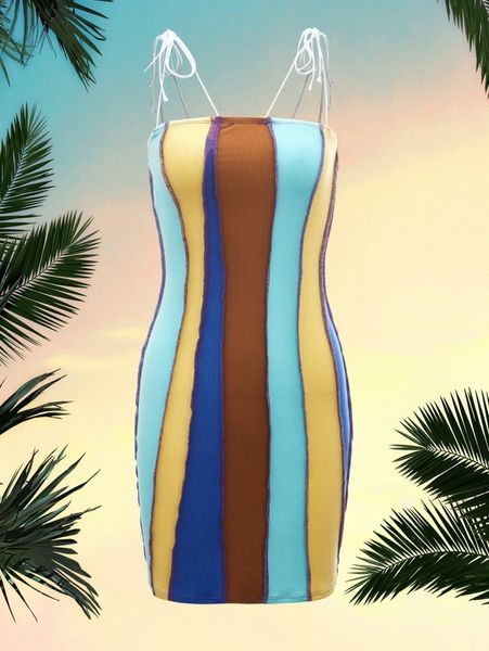 

mod knot shoulder colorblock slip dress v12l#, Black;gray