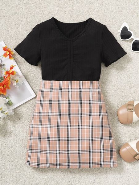 

girls solid tee & plaid skirt she, White