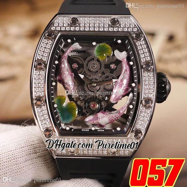 Super Edition Miyota Automatik-Herrenuhr, mit Diamanten besetztes Gehäuse, Skelett 3D, 3 Fische, die Wasser spielen, Lotusblatt, farbiges Zifferblatt, schwarzes Gummi, Puretime01 5701