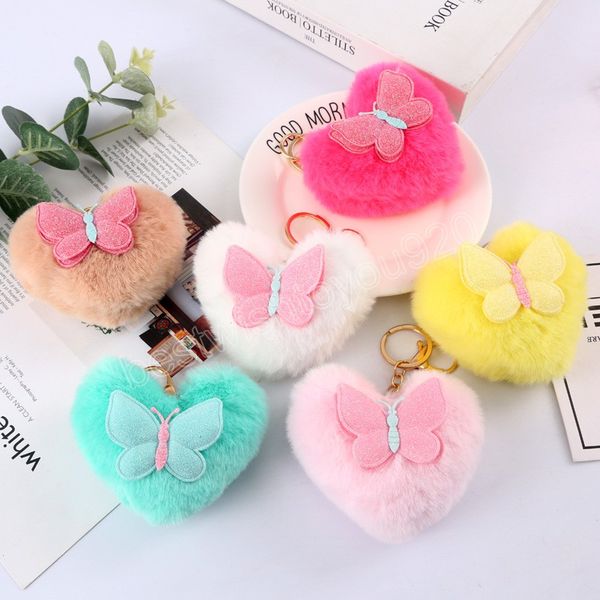 Plüsch Pompom Keychain Butterfly Herz Haar Ball Keychain Damen Taschen Schlüsselanhänger Handgemachte Cremsories Anhänger Charme Dekoration