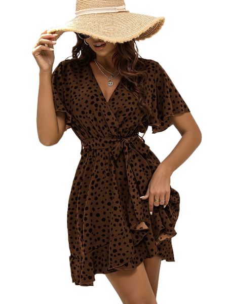 

allover print butterfly sleeve wrap ruffle hem dress c18v#, Black;gray