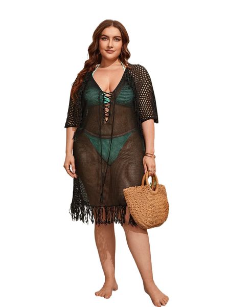 

plus lace up fringe cover up m9dx#, Black