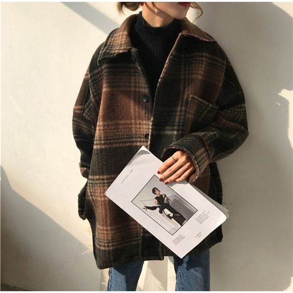 

coat female 2020 women s winter plaid wool blends vintage coat jacket check batwing sleeve korean woman coats outerwear ladies lj201106, Black