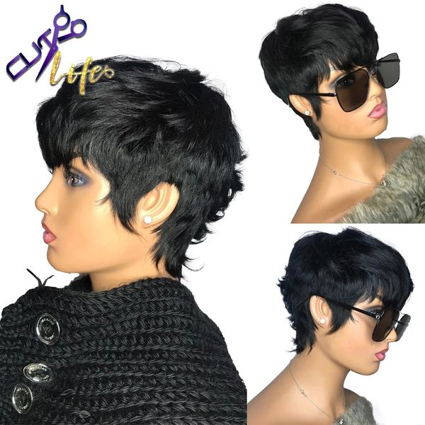 Pixie curto corte em linha human human wavy perucas sem renda perucas brasileiras com franja para mulheres negras