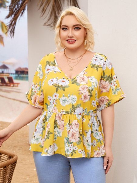 

plus floral print roll up sleeve peplum w4v5#, Black