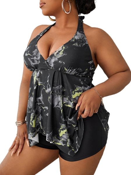 

plus marble print halter bikini swimsuit 68of#, White;black