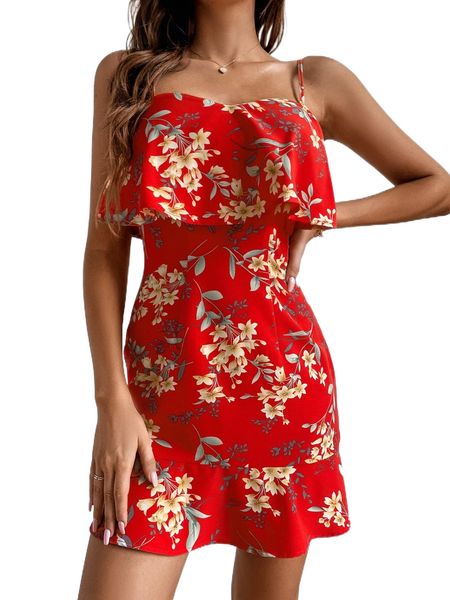 

floral print ruffle trim cami dress f9q7#, Black;gray