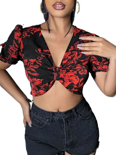 

sxy v neck floral print ruched bust crop 35mk#, White