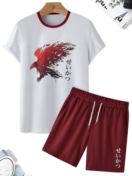 

men eagle & japanese letter graphic tee & drawstring waist shorts o4cm#, Gray