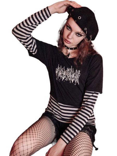 

romwe dark academia 2 in 1 striped letter graphic tee d5eh#, White