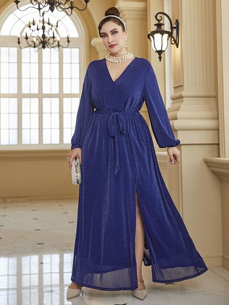 

plus lantern sleeve split thigh belted glitter dress s128#, Black