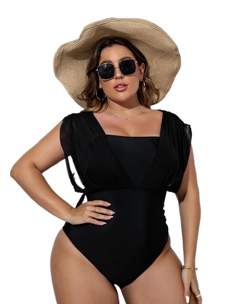 

plus square neck contrast mesh one piece swimsuit u5i2#, White;black