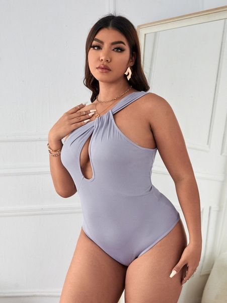 

plus cut out one shoulder bodysuit f3hd#, Black