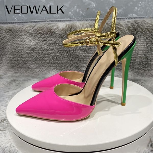 Veowalk fusion brilhante feminino rosa fivelas de tornozelo perto de sandálias estiletas sem costas 8cm 10cm 12 cm de altura Sexy Ladies bombas 220516