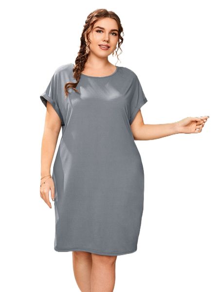 

plus solid batwing sleeve dress 10er#, Black