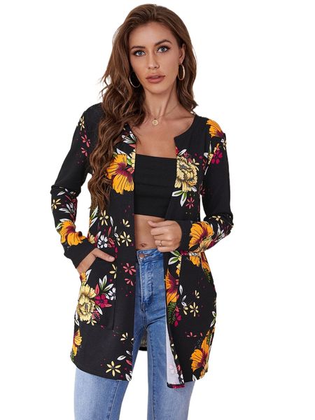 

floral print pocket front coat v2t1#, Black