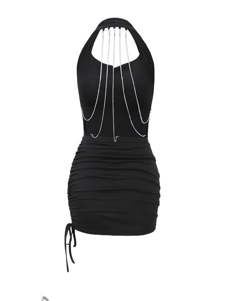 

chain strap back draped ruched tie hem halter bodycon dress f0ss#, Black;gray