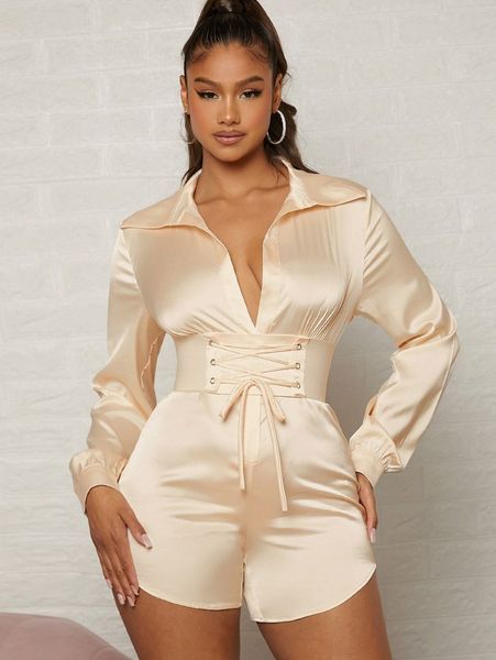 

satin lace up corset waist long sleeve shirt romper s37c#, Black;white