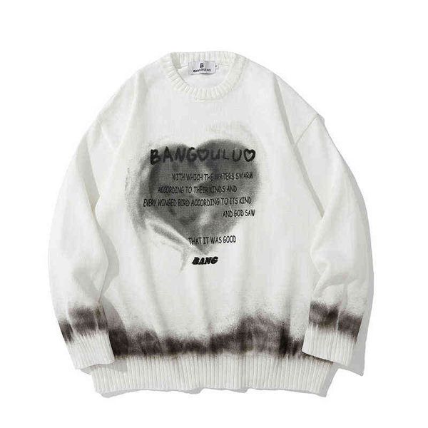 

vintage heart harajuku letter print knitted sweater for men streetwear oversized hip hop autumn jumper pullover casual t220730, White;black