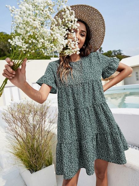 

ditsy floral flounce cuff ruffle hem smock dress f3xe#, Black;gray