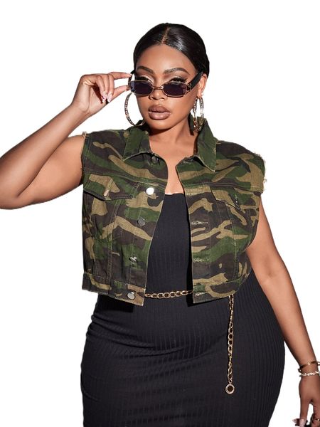 

sxy plus camo print frayed trim vest denim jacket 35w4#, Black;brown