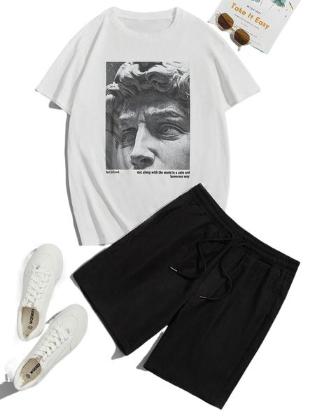 

men figure & slogan graphic tee & drawstring waist shorts b2wm#, Gray