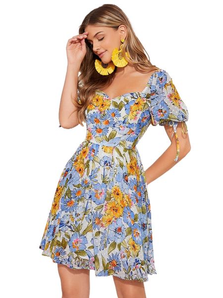 

swiss dot & floral print tie cuff sweetheart neck puff sleeve dress d4lc#, Black;gray