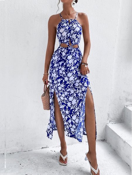 

floral print cutout split thigh dress u55w#, Black;gray