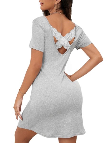 

contrast lace criss cross back cut out nightdress t6fc#, Black;red