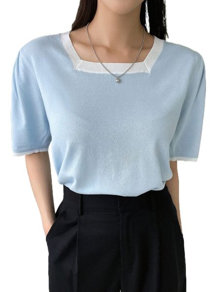 

dazy contrast trim square neck puff sleeve knit s45s#, White;black