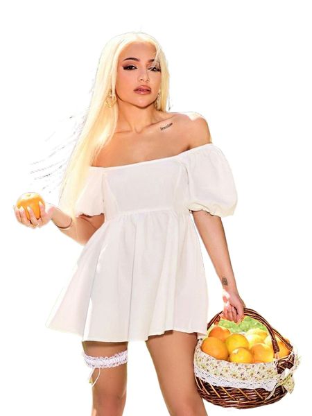 

solid puff sleeve flared hem dress t8dg#, Black;gray