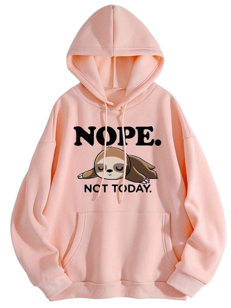 

sloth & letter graphic kangaroo pocket drawstring thermal hoodie 99tz#, Black