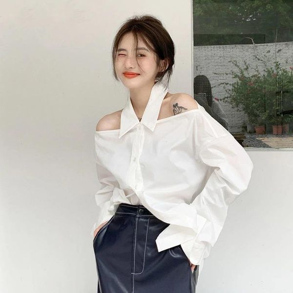 

solid shirts women fashion korean vintage blouses turn-down collar office lady hollow out off shoulder loose blusas, White