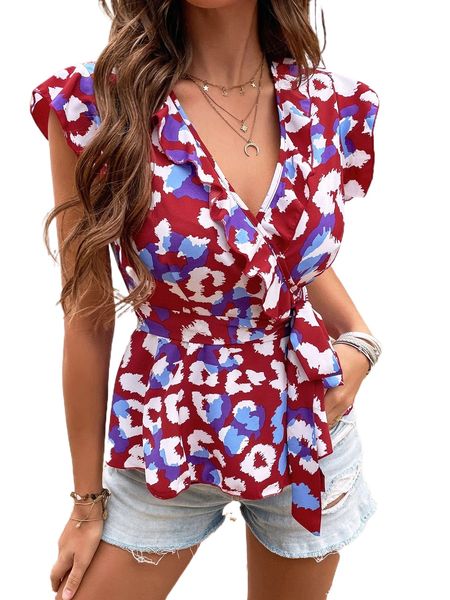 

allover print butterfly sleeve belted blouse e20s#, White
