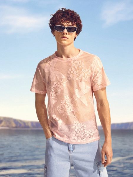 

men butterfly & floral pattern sheer mesh tee b0ug#, White;black