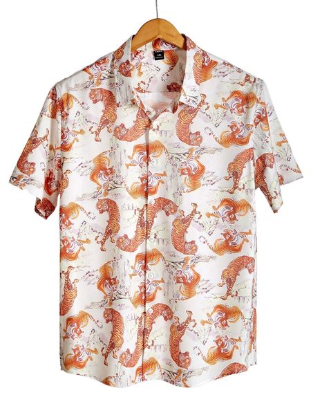 

extended sizes men random tiger print shirt e32l#, White;black