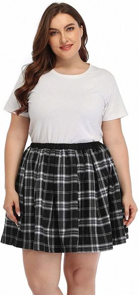 

plus size skirt plaid mini skater skirts pleated school girl i25c#, Black;gray