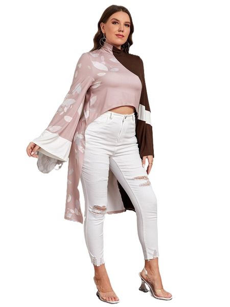 

x ashuriicouture plus mock neck colorblock dip hem tee q7ep#, Black