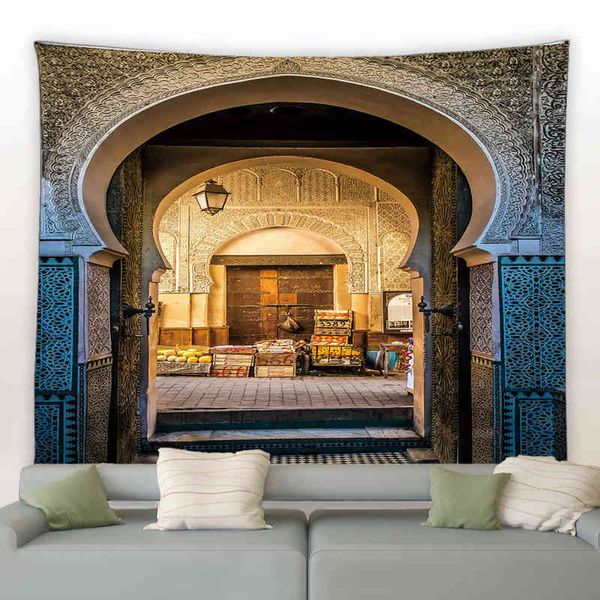 Wandteppich im Retro-Stil, bedruckter Wandteppich, marokkanischer, antiker, geschwungener Tür-Wandbehang