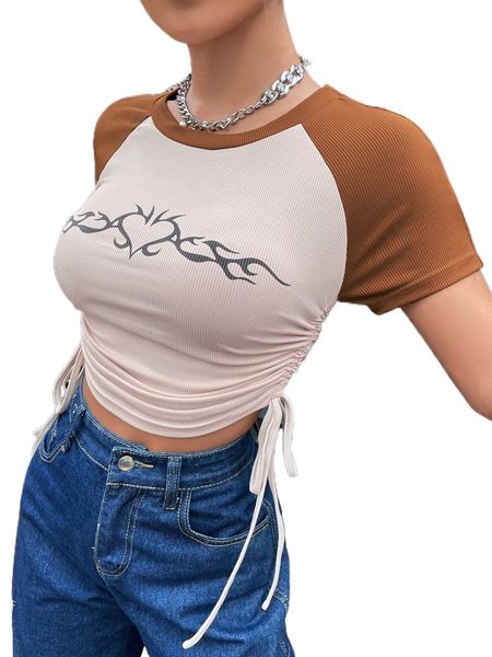 

heart print drawstring side raglan sleeve tee z5lg#, White