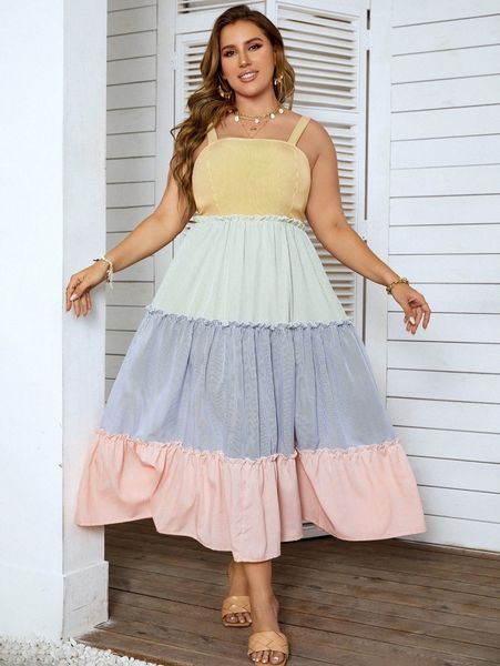 

plus colorblock striped print layered hem cami dress 6068#, Black