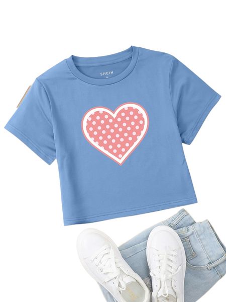 

polka dot & heart print crop tee f9bo#, White