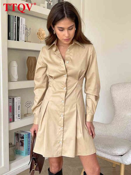 

ttqv fashion blue office women's dress bodycon lapel long sleeve mini dresses shirt elegant slim single-breasted female dress t220804, Black;gray