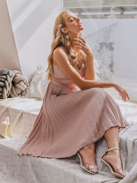 

simplee zip back pleated hem cami dress f46m#, Black;gray