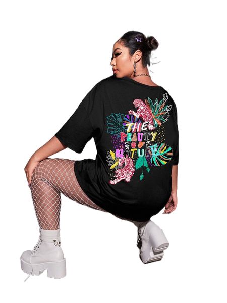 

plus tiger and letter graphic drop shoulder tee u9rh#, Black