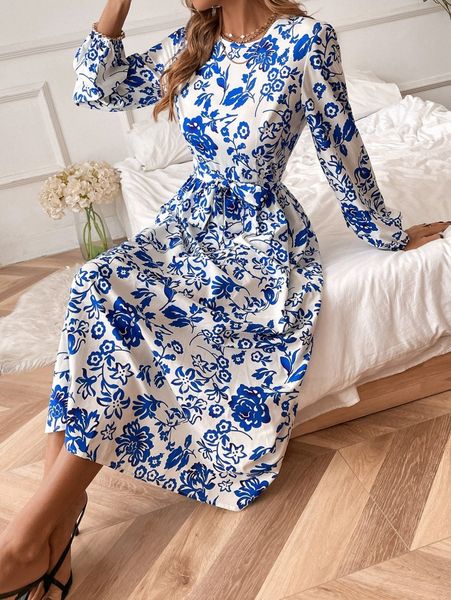 

floral print lantern sleeve belted dress i0mt#, Black;gray